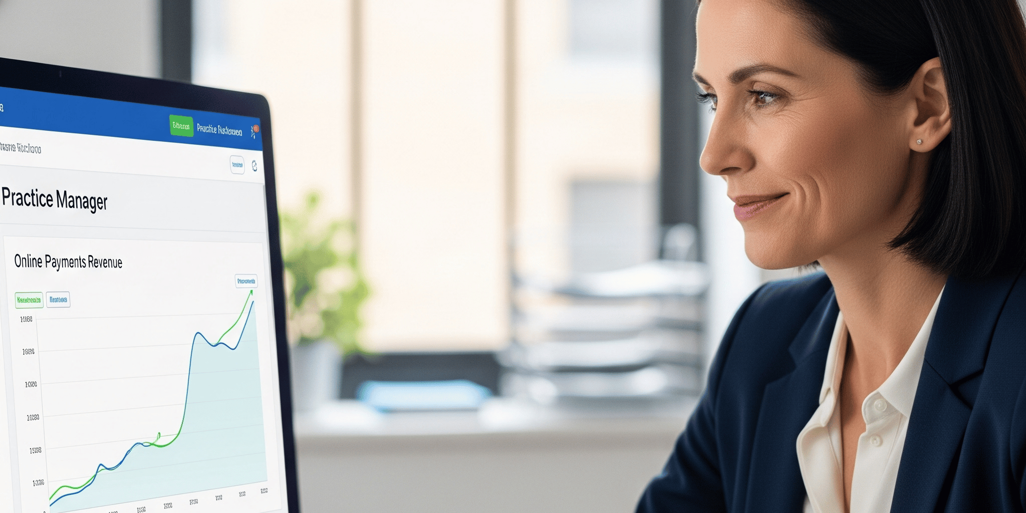A practice manager smiles while reviewing a financial dashboard on her computer, which displays a graph showing a strong upward trend in online payments revenue.