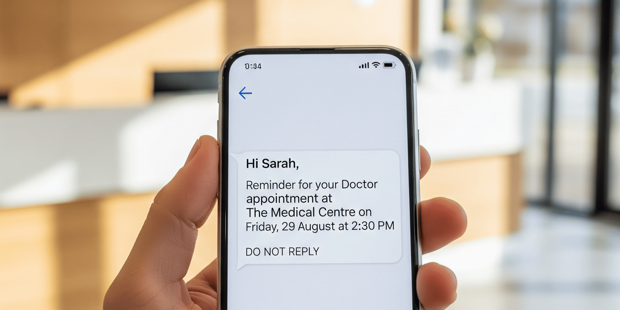 A person's hand holding a smartphone in a medical clinic. The screen displays an SMS appointment reminder for a doctor's appointment.